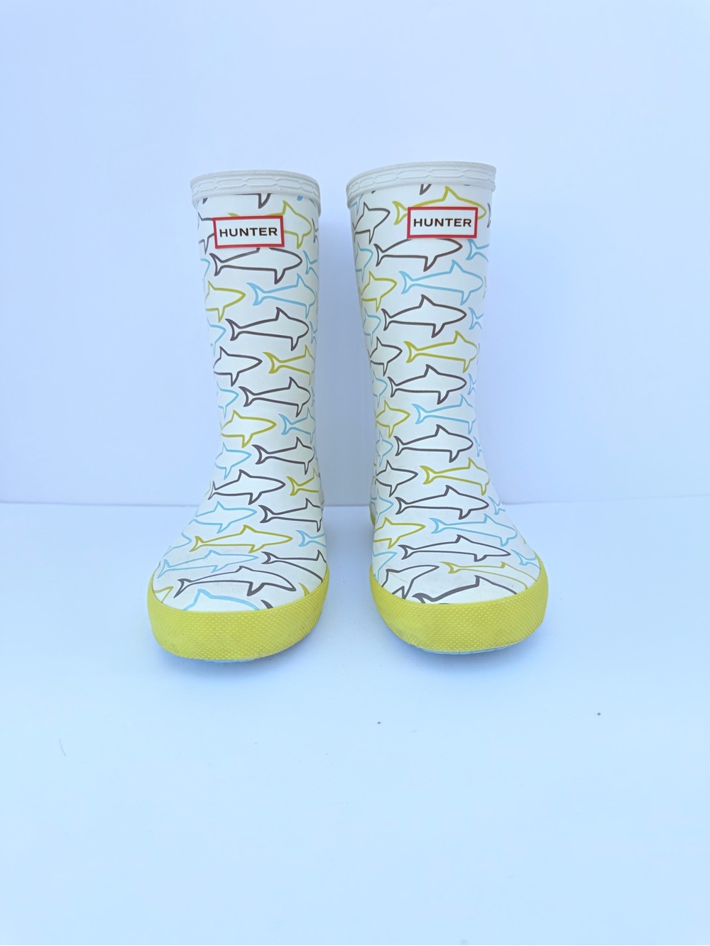 Hunter Kids White Shark Pattern Rain Boots with Yellow Soles